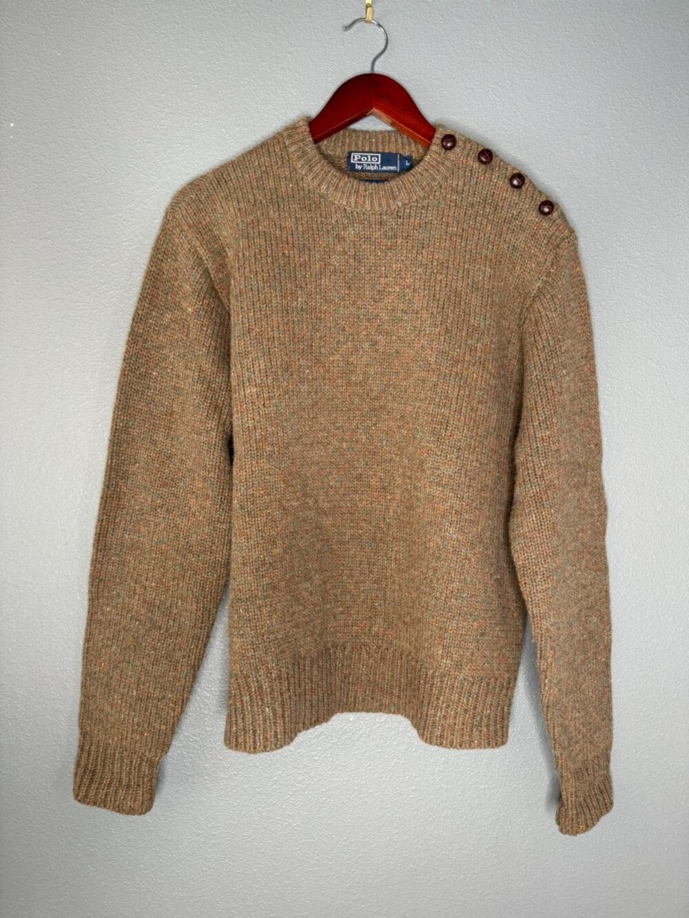 Vintage Polo Ralph Lauren 100% Lambswool Sweater Brown Suede Elbow Patches L